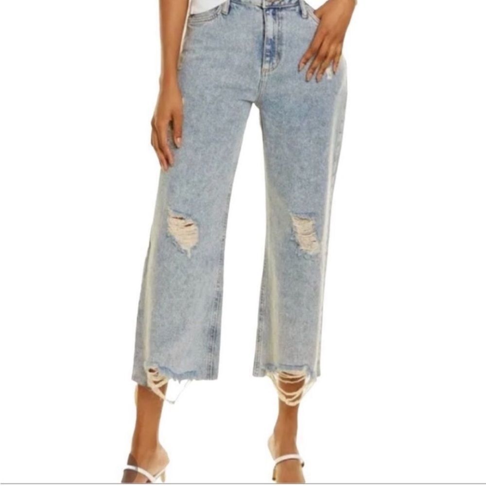 Avec Les Filles Size 26 High Rise Distressed Raw Hem Wide Leg Acid Wash Jeans